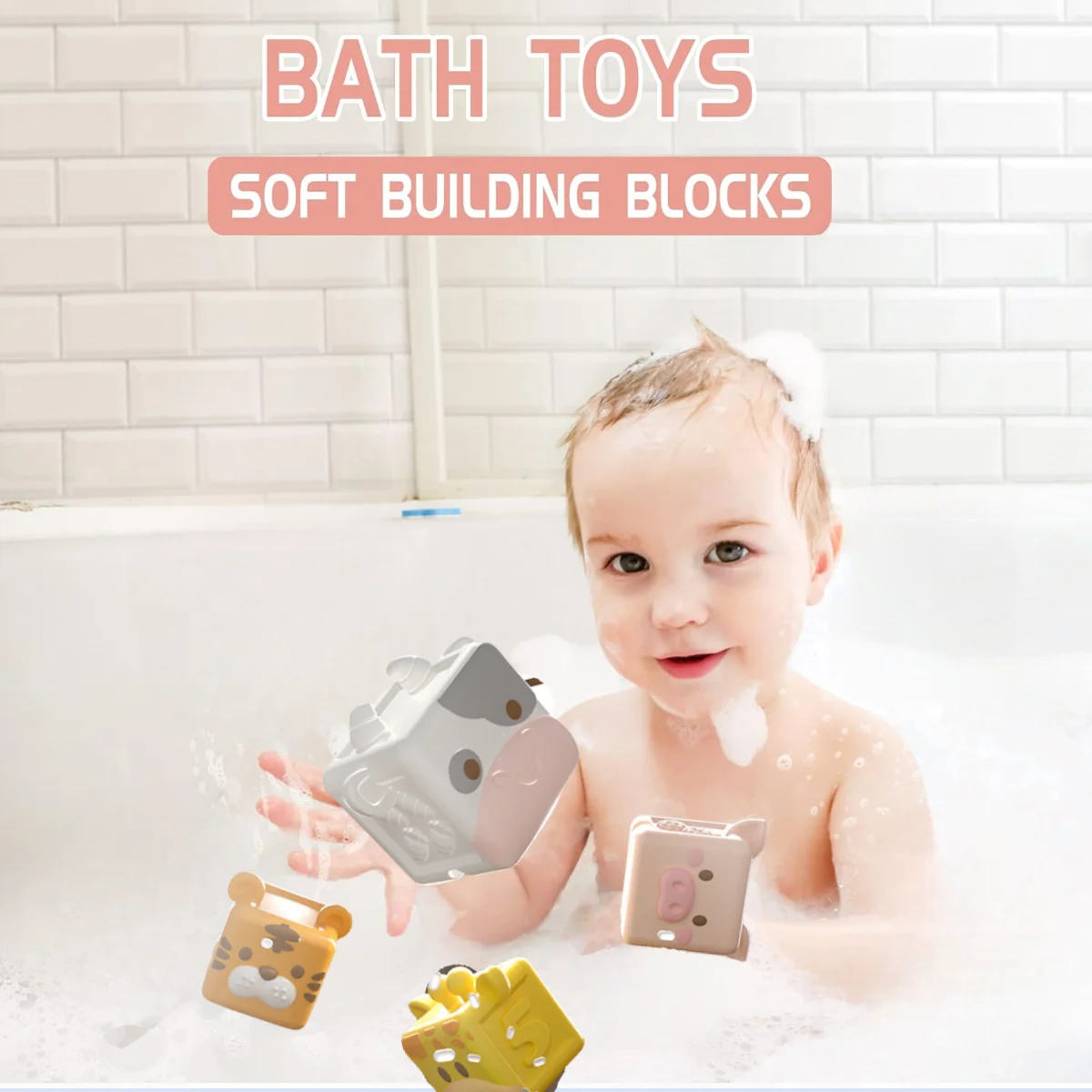 Baby Bath Toys Montessori Animal Cognitive Floating Water Toys Soft Stacking Building Blocks Safe Teething Squeeze Sensory Toys