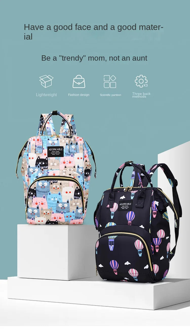 Cartoon Printed Mommy Diaper Bags Lightweight Portable Women's Backpack Bottle Insulation Storage Bag Fashion Mom Backpack New