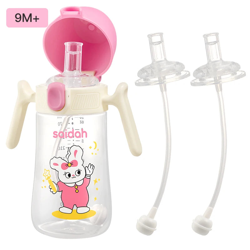 10oz Clamshell Baby Feeding Bottle Silicone Straw Spill-Proof Leak-Resistant Toddler Training Drinking Water Sippy Cup