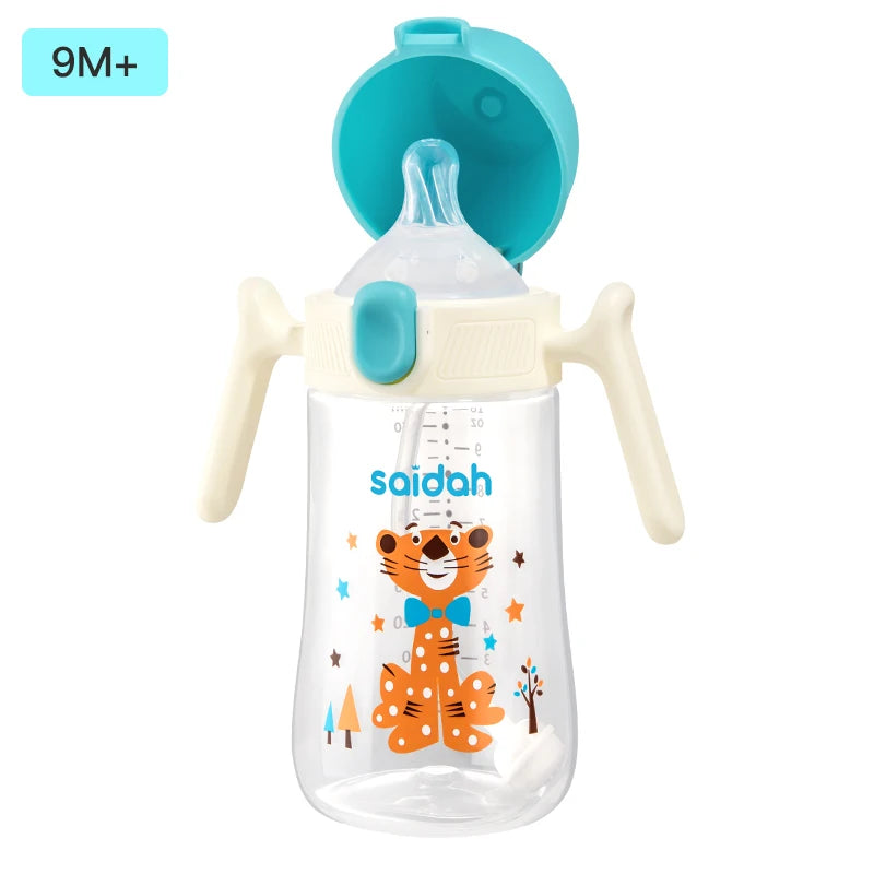 10oz Clamshell Baby Feeding Bottle Silicone Straw Spill-Proof Leak-Resistant Toddler Training Drinking Water Sippy Cup