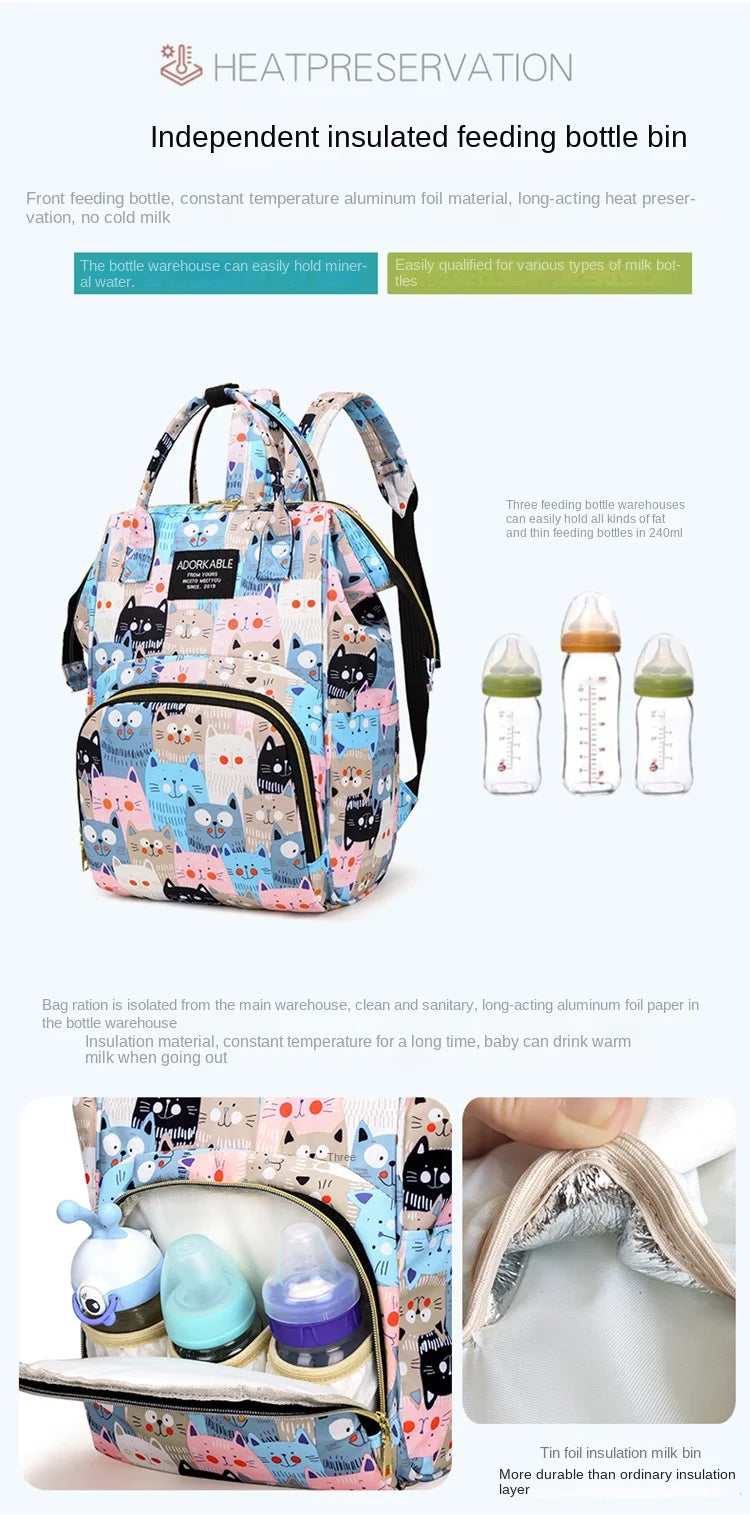Cartoon Printed Mommy Diaper Bags Lightweight Portable Women's Backpack Bottle Insulation Storage Bag Fashion Mom Backpack New