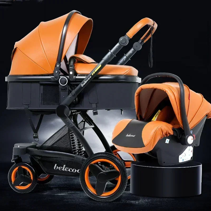 Luxury High-end baby stroller 3in1, Belecoo X6 high landscape baby cart with car basket,can sit, lie down and fold two-way cart