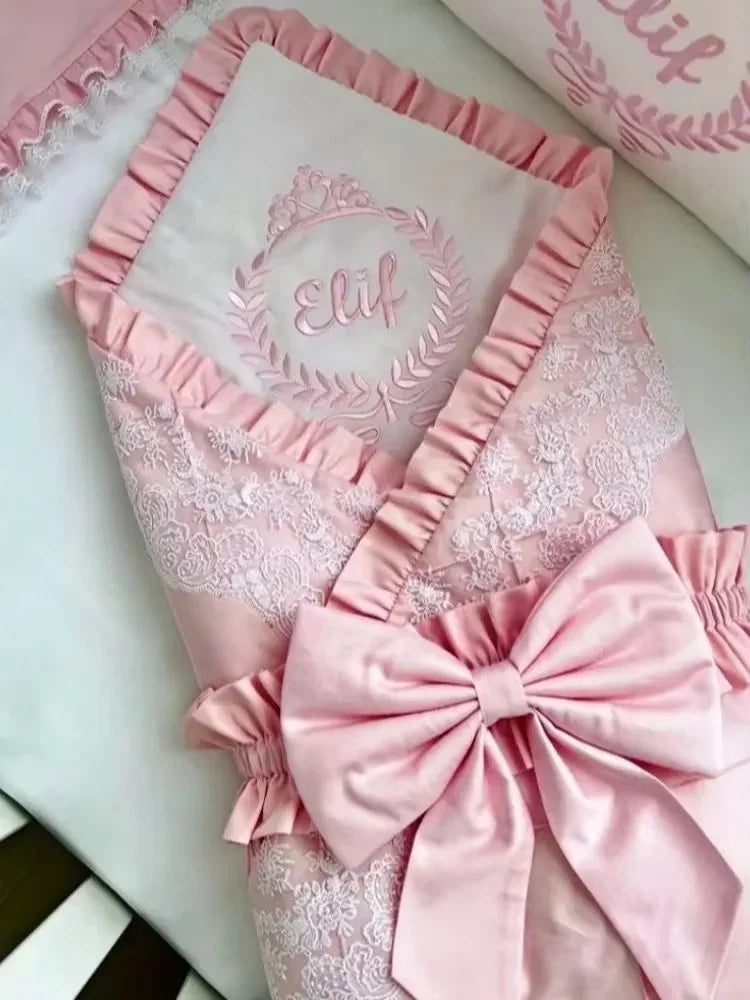 Personalized Embroidery Baby Name for Newborns with Big Bow Sash Infant Swaddles for 0-3 Months Receiving Blanket Sleeping Wraps