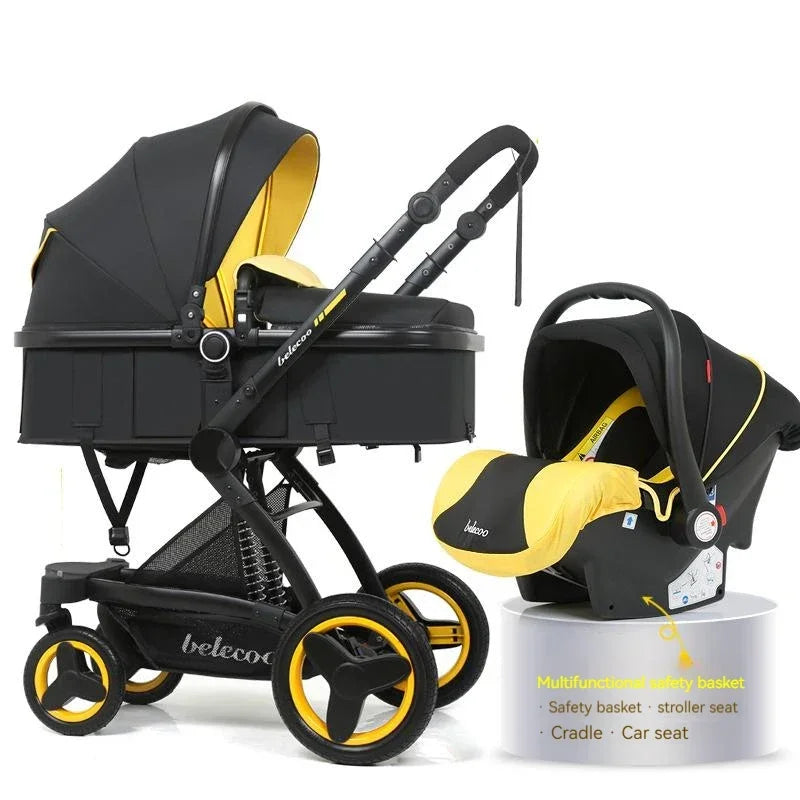 Luxury High-end baby stroller 3in1, Belecoo X6 high landscape baby cart with car basket,can sit, lie down and fold two-way cart