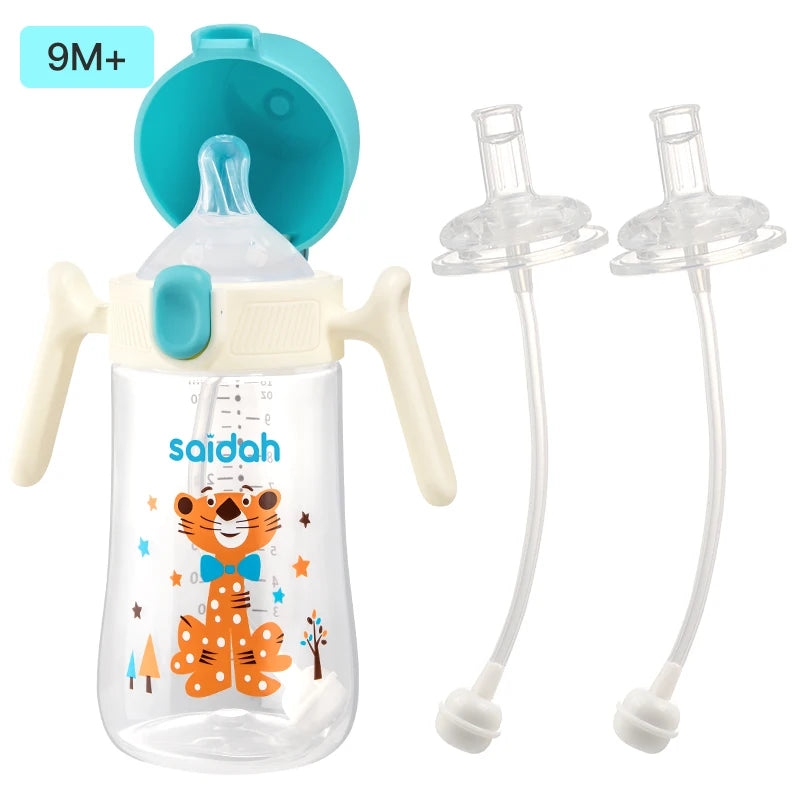 10oz Clamshell Baby Feeding Bottle Silicone Straw Spill-Proof Leak-Resistant Toddler Training Drinking Water Sippy Cup