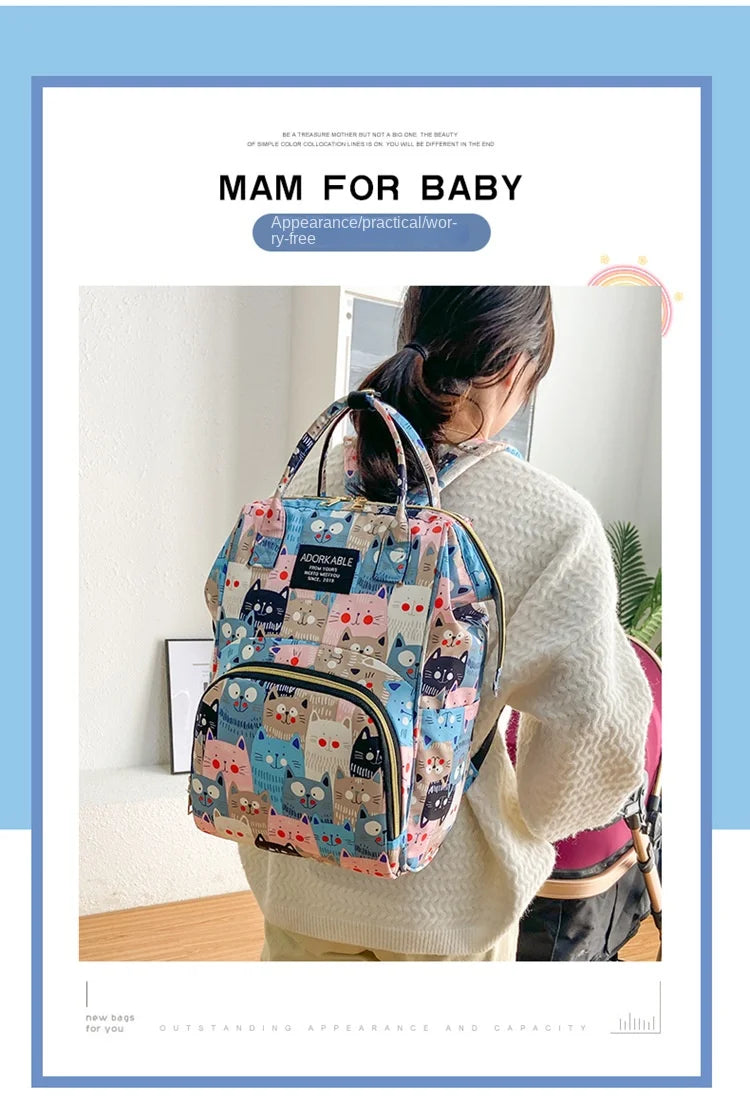 Cartoon Printed Mommy Diaper Bags Lightweight Portable Women's Backpack Bottle Insulation Storage Bag Fashion Mom Backpack New