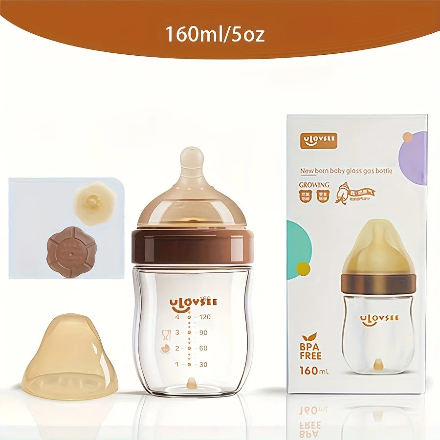 4oz,8oz High Borosilicate Glass Baby Bottles, Wide-Neck Feeding Bottle with Bottom Air Balance Hole/Valve, Glass Milk Bottle