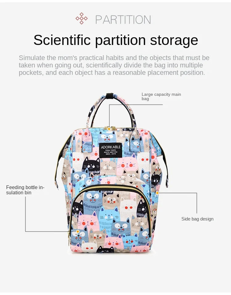 Cartoon Printed Mommy Diaper Bags Lightweight Portable Women's Backpack Bottle Insulation Storage Bag Fashion Mom Backpack New