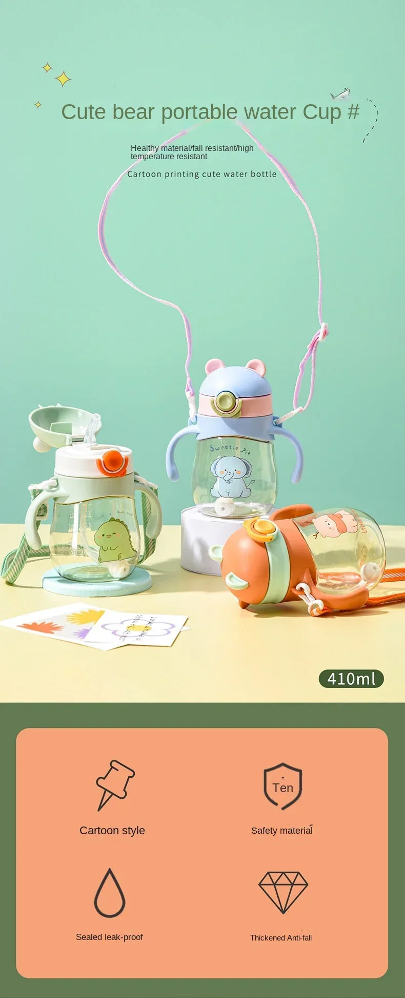 410ML Baby Drinking Cup Feeding Bottle Anti-Choking with Straw Gravity Ball Wide Caliber Drinking Milk Water Bottle with Handle