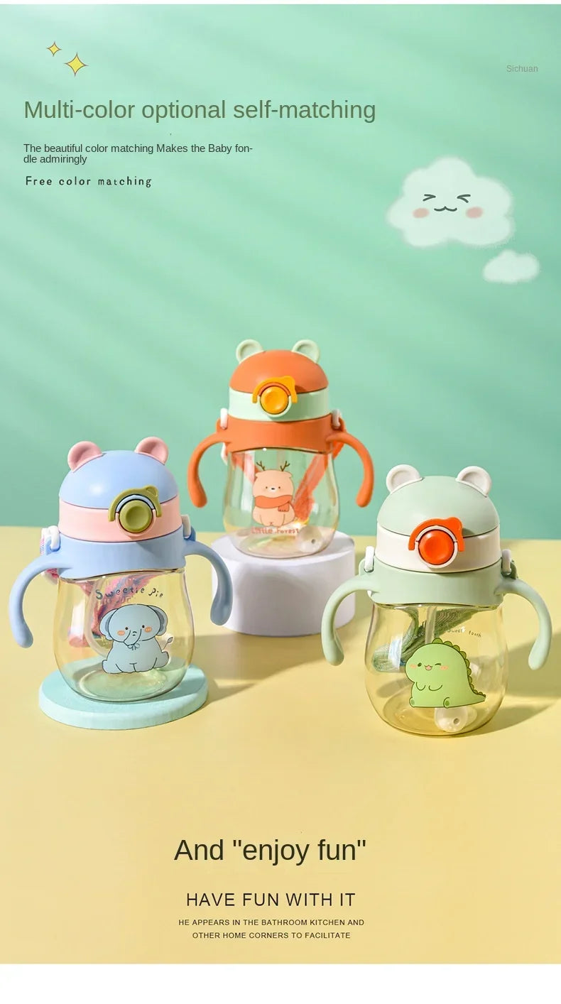 410ML Baby Drinking Cup Feeding Bottle Anti-Choking with Straw Gravity Ball Wide Caliber Drinking Milk Water Bottle with Handle