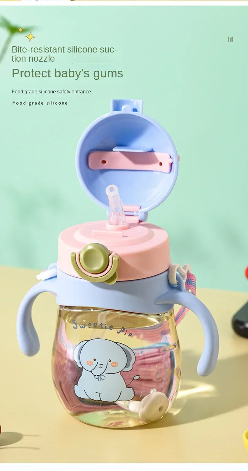 410ML Baby Drinking Cup Feeding Bottle Anti-Choking with Straw Gravity Ball Wide Caliber Drinking Milk Water Bottle with Handle