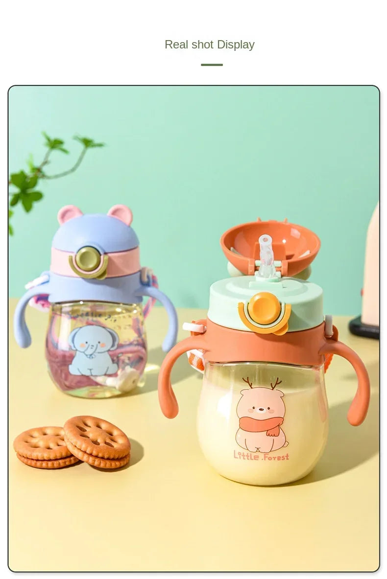 410ML Baby Drinking Cup Feeding Bottle Anti-Choking with Straw Gravity Ball Wide Caliber Drinking Milk Water Bottle with Handle