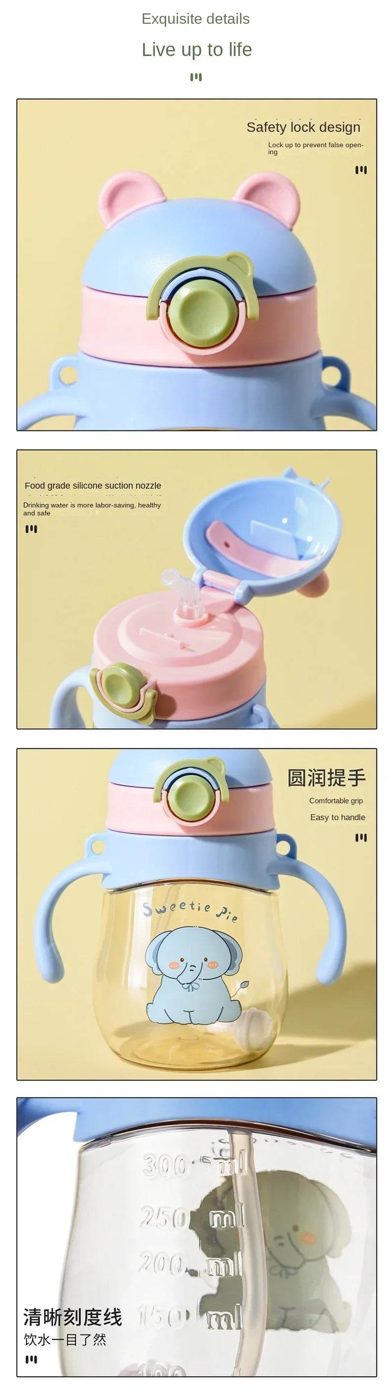 410ML Baby Drinking Cup Feeding Bottle Anti-Choking with Straw Gravity Ball Wide Caliber Drinking Milk Water Bottle with Handle