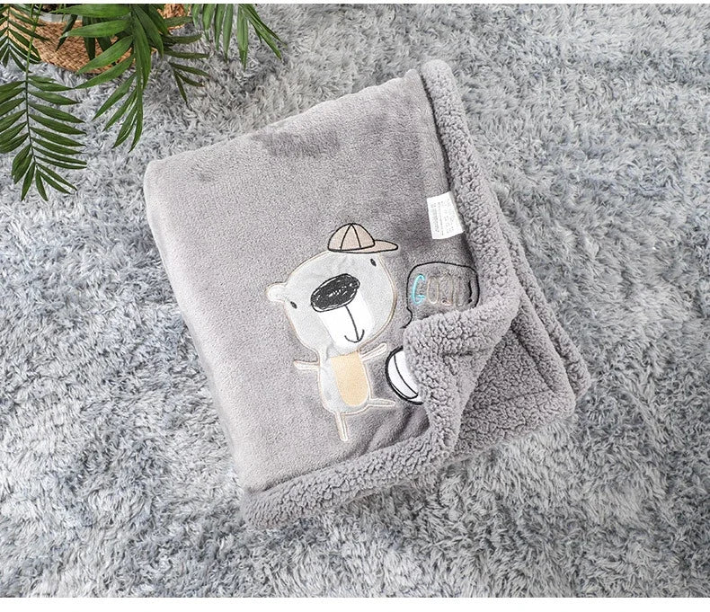 Baby Blankets Newborn Cartoon Bear Embroidery Flannel Baby Blanket Kids Boys Girls Swaddle Wrap Infant Stroller Cover Bed Quilts