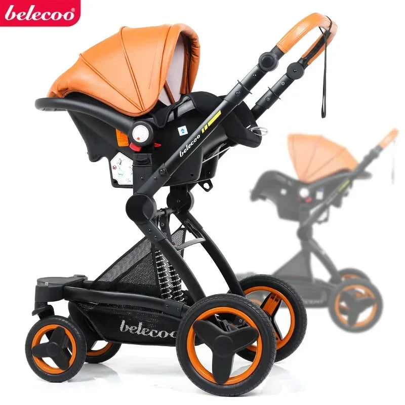 Luxury High-end baby stroller 3in1, Belecoo X6 high landscape baby cart with car basket,can sit, lie down and fold two-way cart