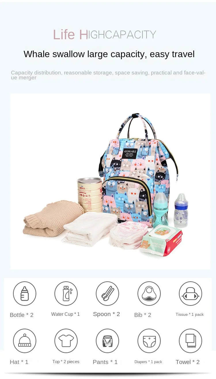Cartoon Printed Mommy Diaper Bags Lightweight Portable Women's Backpack Bottle Insulation Storage Bag Fashion Mom Backpack New