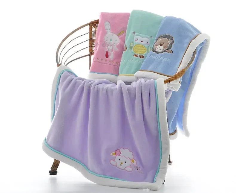 Baby Blankets Newborn Cartoon Embroidery Flannel Baby Blanket Kids Boys Girls Swaddle Wrap Infant Stroller Cover Blanket