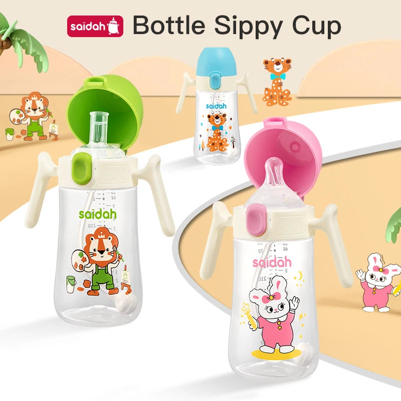 10oz Clamshell Baby Feeding Bottle Silicone Straw Spill-Proof Leak-Resistant Toddler Training Drinking Water Sippy Cup