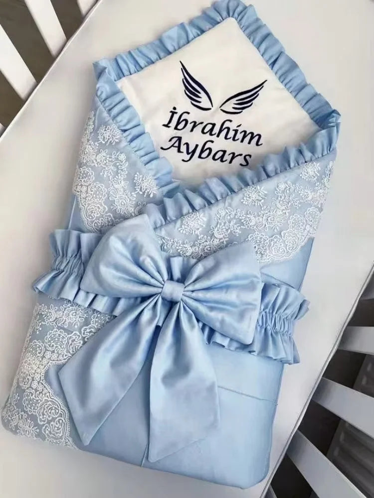 Personalized Embroidery Baby Name for Newborns with Big Bow Sash Infant Swaddles for 0-3 Months Receiving Blanket Sleeping Wraps