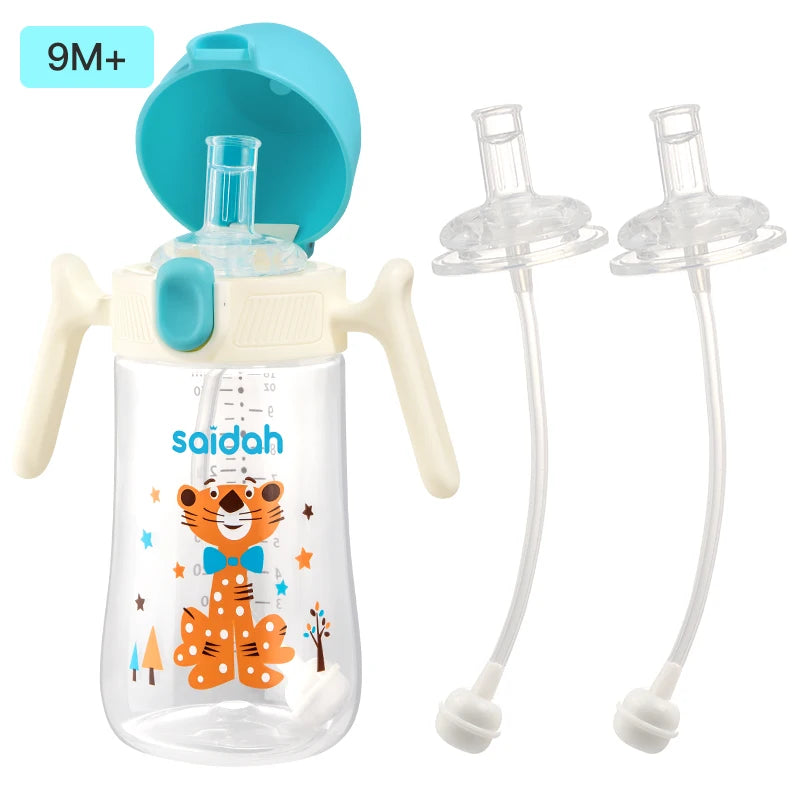 10oz Clamshell Baby Feeding Bottle Silicone Straw Spill-Proof Leak-Resistant Toddler Training Drinking Water Sippy Cup