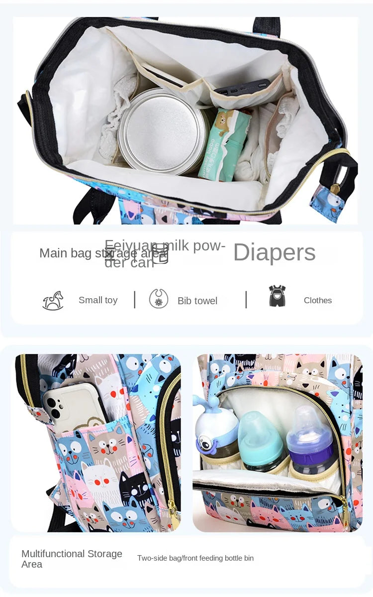 Cartoon Printed Mommy Diaper Bags Lightweight Portable Women's Backpack Bottle Insulation Storage Bag Fashion Mom Backpack New