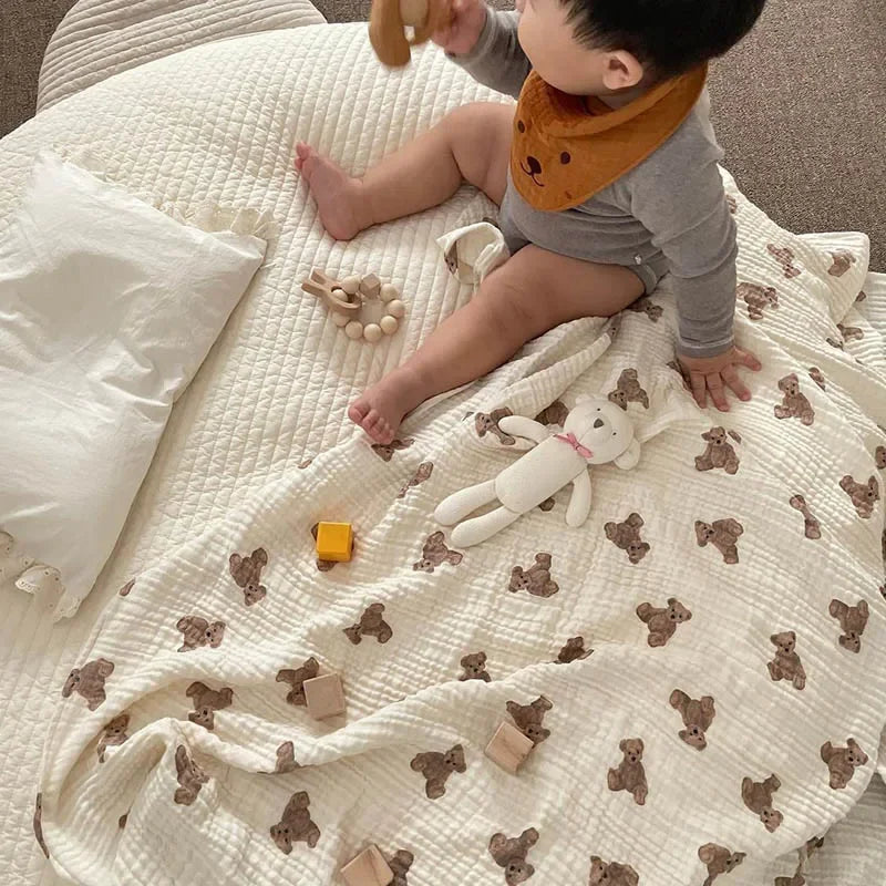 Baby Bath Towel 90cmX130cm Bear Print Blanket Muslin Breathable Infant Cotton Gauze Swaddle Wrap Bedding Baby Stroller Cover