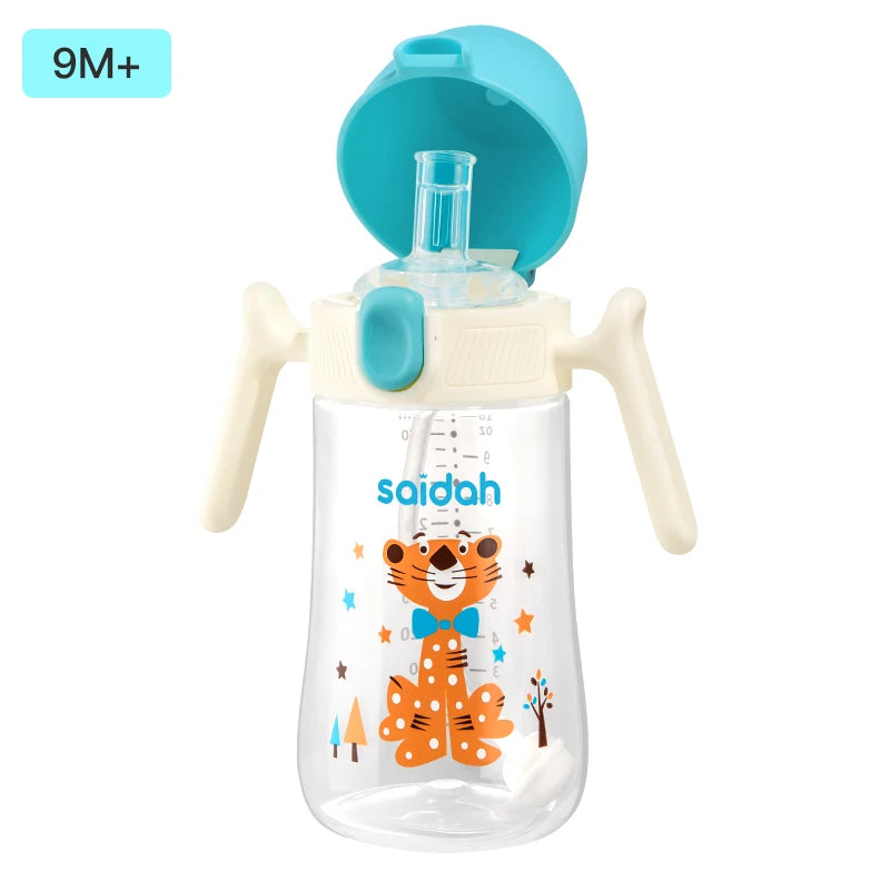 10oz Clamshell Baby Feeding Bottle Silicone Straw Spill-Proof Leak-Resistant Toddler Training Drinking Water Sippy Cup